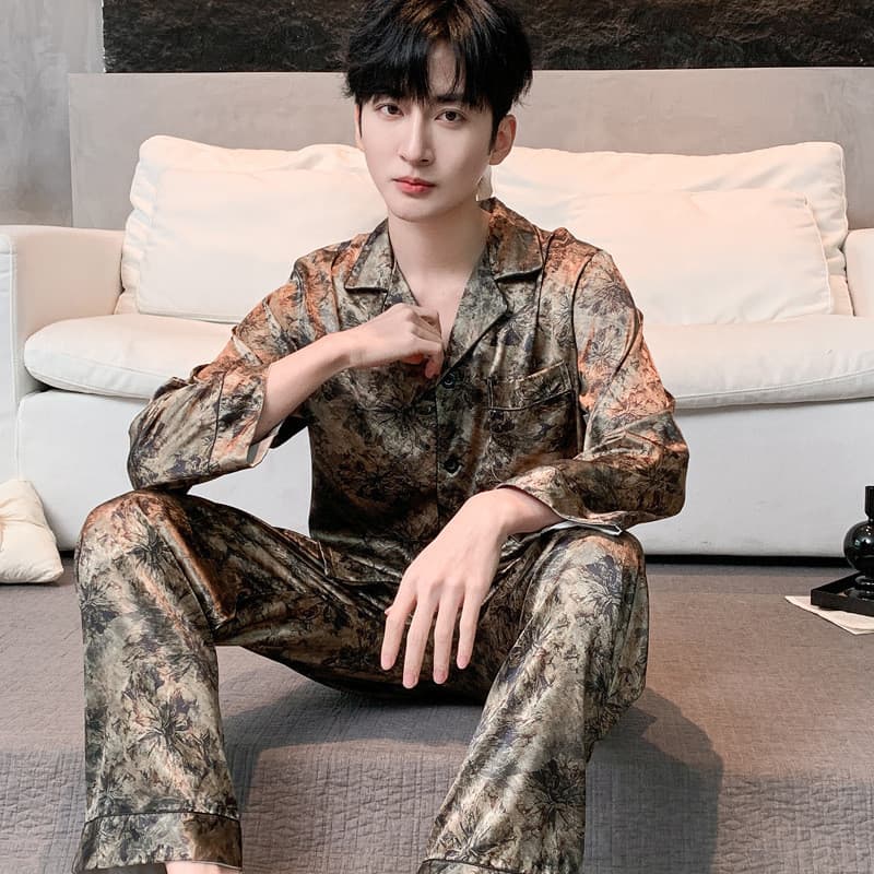 [Novo produto] Pijamas masculinos estampados primavera outono seda gelo calças de manga comprida terno masculino verão H