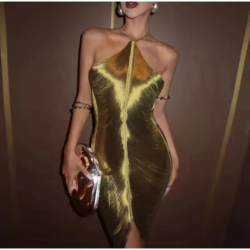 Vestido Dourado Moda Franjas Halter Vestido 20264 Novo Produto