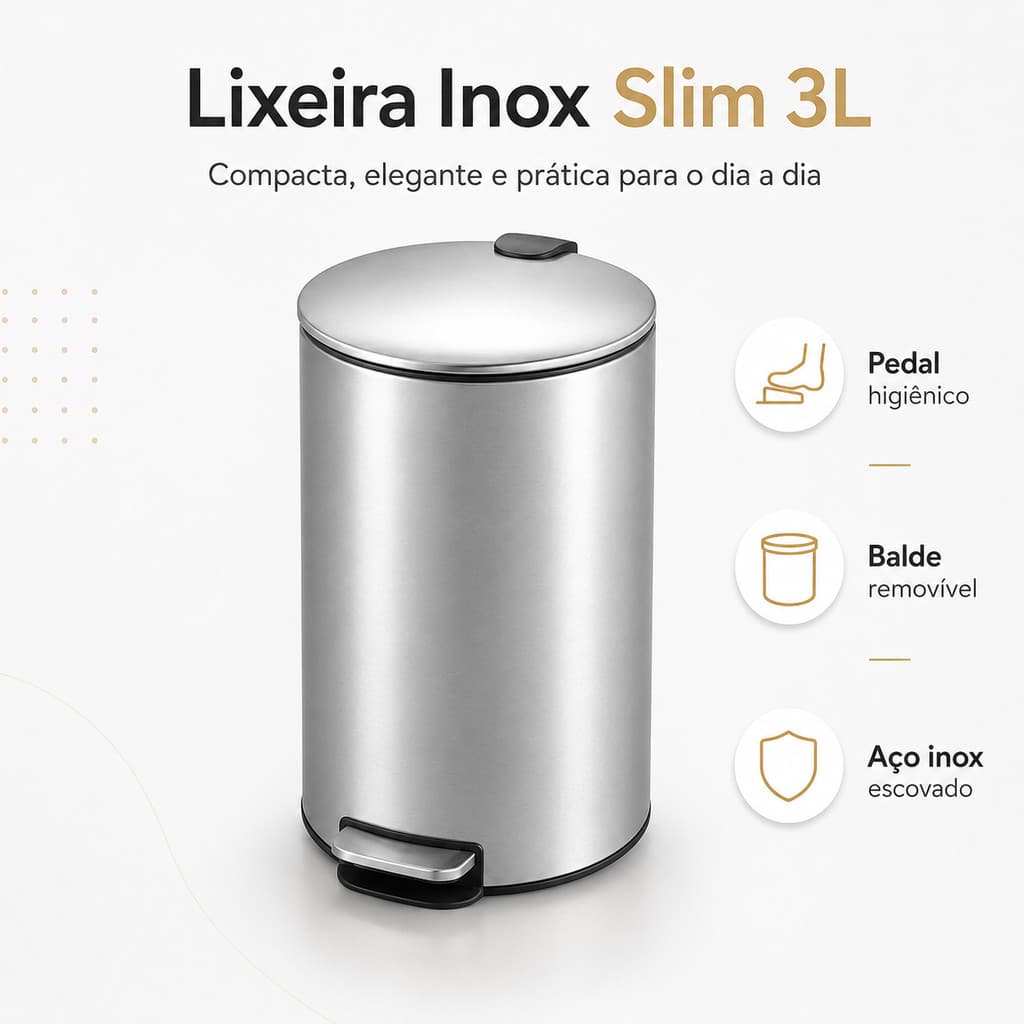 Lixeira Redonda 3l Aço Inox Cesto Cozinha Prateado