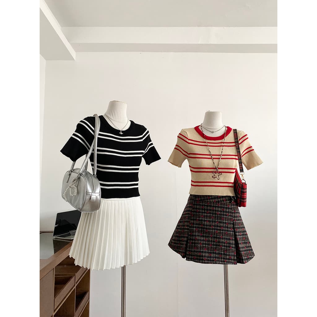 2026 primavera novo estilo versão coreana elegante Commuter Casual All-Match listrado em torno do pescoço de manga curta