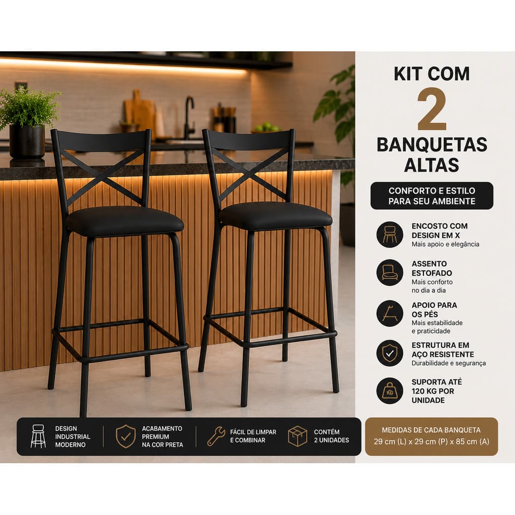 Kit 2 uni Banqueta Banco Alto Preto com Encosto para Balcão Cozinha Bancada e Área Gourmet