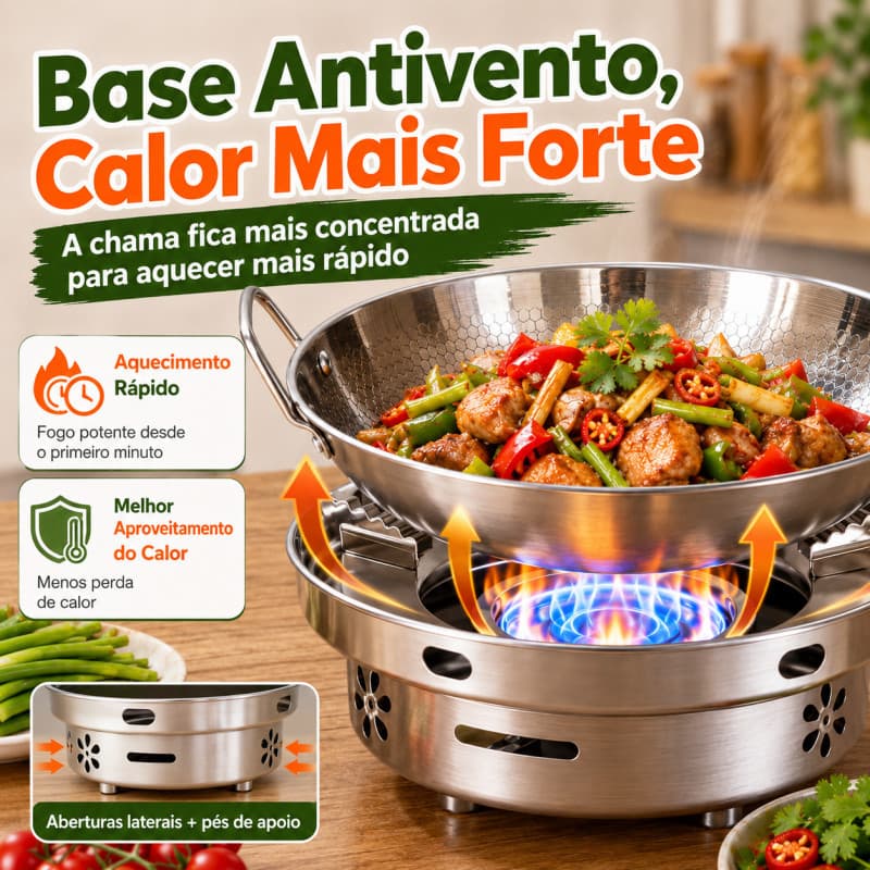 Fogareiro de Mesa Inox com Panela Wok e Rechaud a Álcool Sólido - Portátil para Cozinhar e Servir