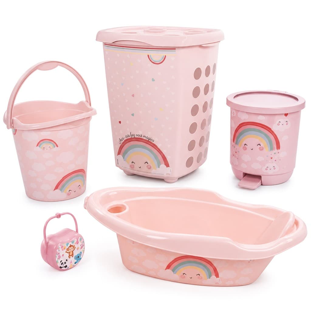 Kit Banheiro Do Bebê Completo Arco-Íris Infantil Banheira Cesto De Roupas Balde E Lixeira - Plasútil