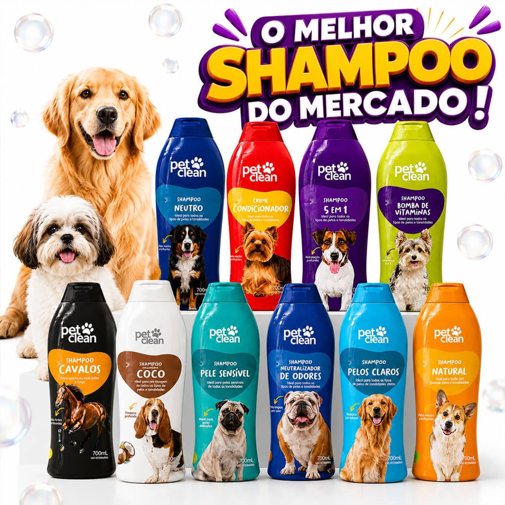 Shampoo Pet Clean 700ml Cães e Gatos Filhotes Natural Clareador Escurecedor
