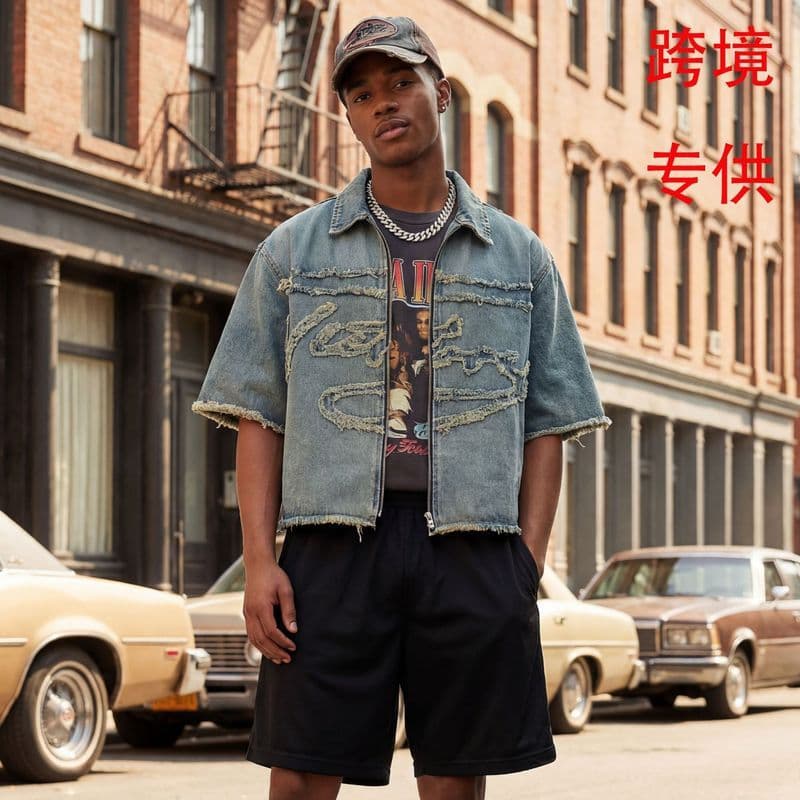Jaqueta jeans desgastada masculina bordada solta jaqueta curta High street Wear jaqueta Casual de verão