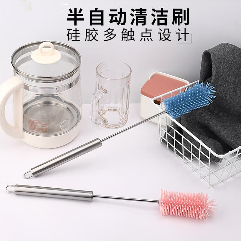 Escova de limpeza de mamadeira de aço inoxidável, escova rotativa semiautomática para copo de Silicone, cabo longo, tipo