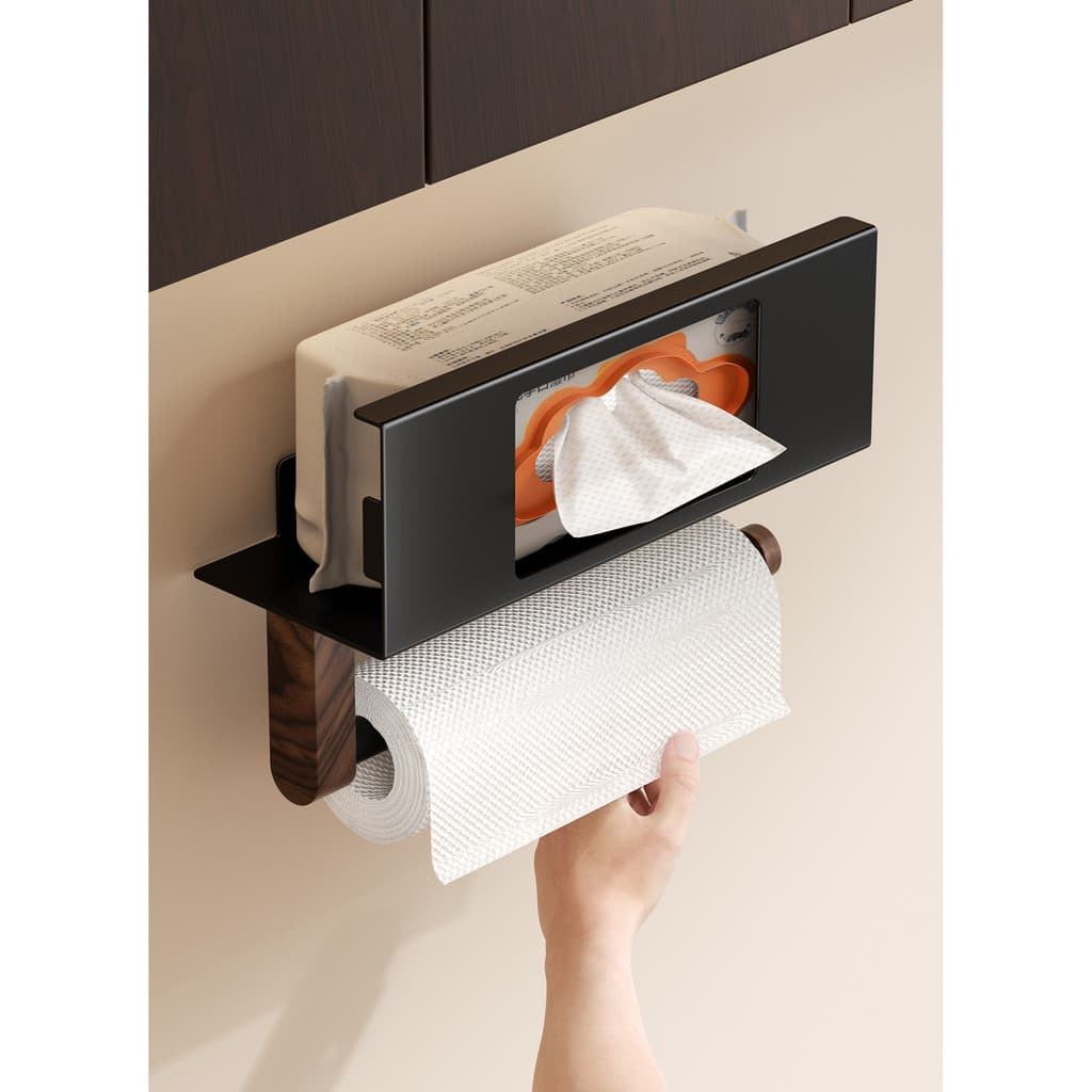 Caixa de tecido higiênico de nogueira, sem perfuração, montada na parede, papel higiênico, toalha facial, Rack de armaze