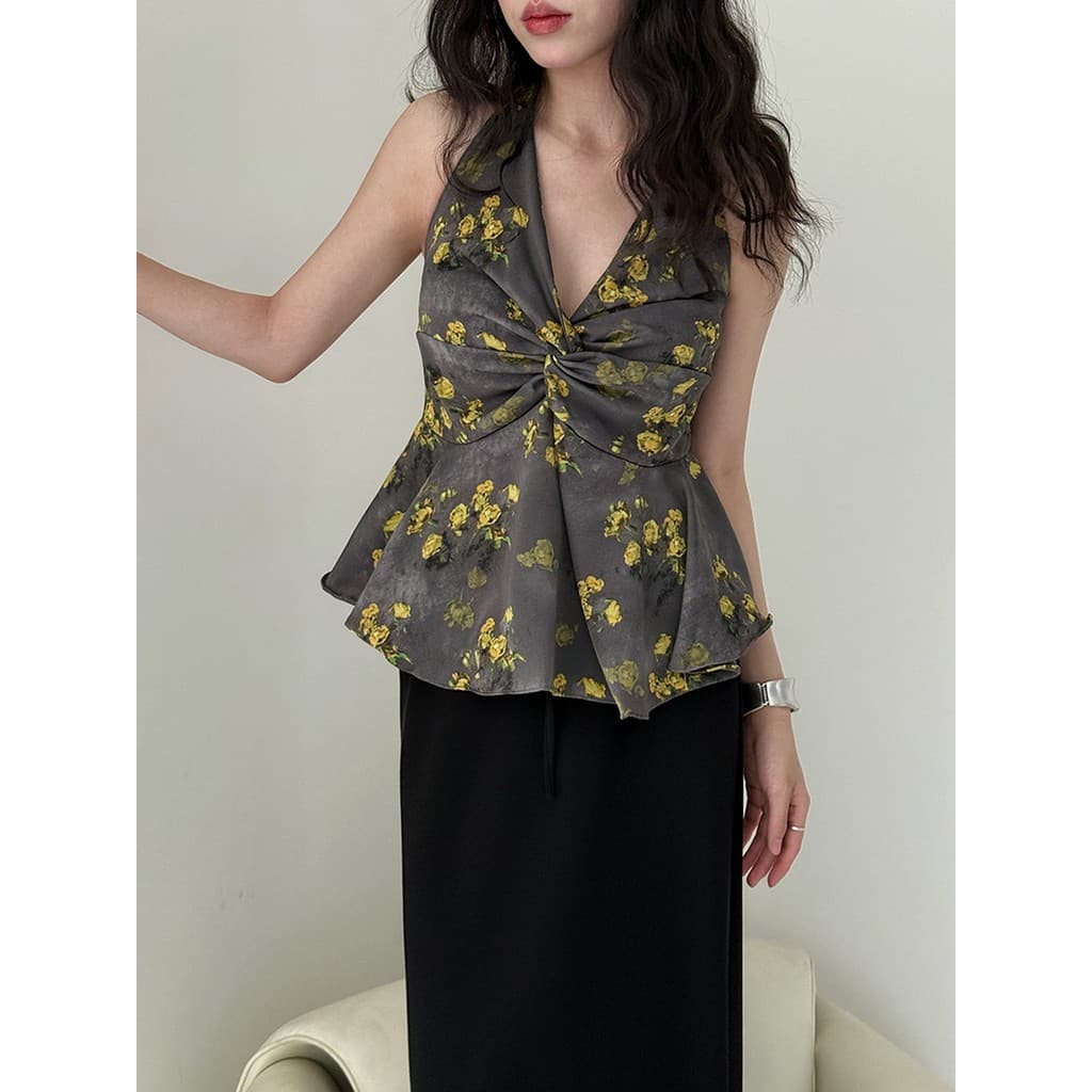 Estilo francês Halter pescoço saia Floral estilo pequena camisola feminina produtos europeus coreanos High-End pequena c