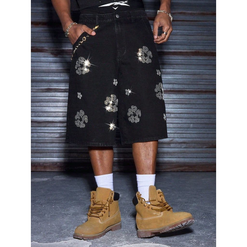 [Estilo mais vendido] Shorts jeans de flor de strass quente Hip-Hop masculino rua solta calças de cinco pontos de perna