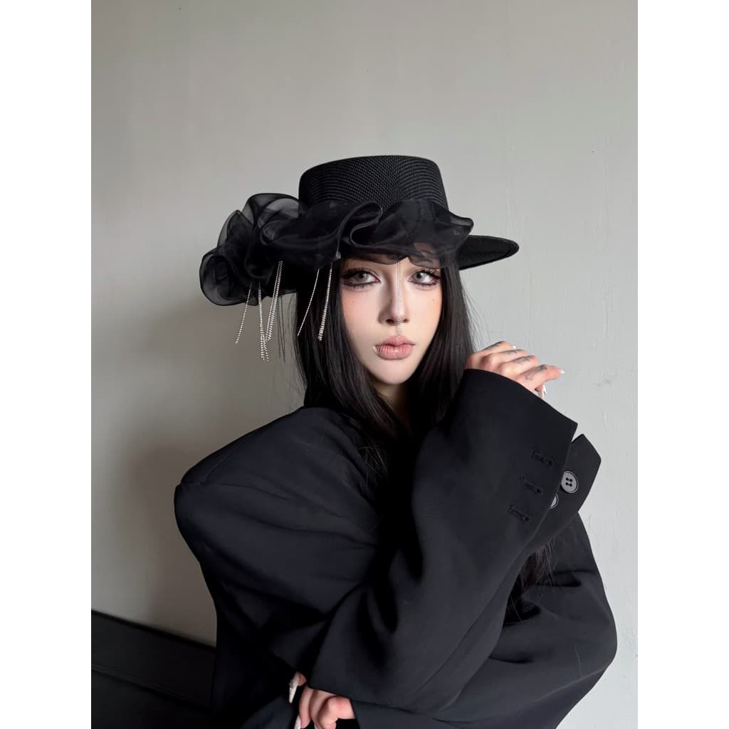 Nicho Original estilo gótico malha plissada borla algodão linho chapéu superior plano feminino verão protetor solar resp