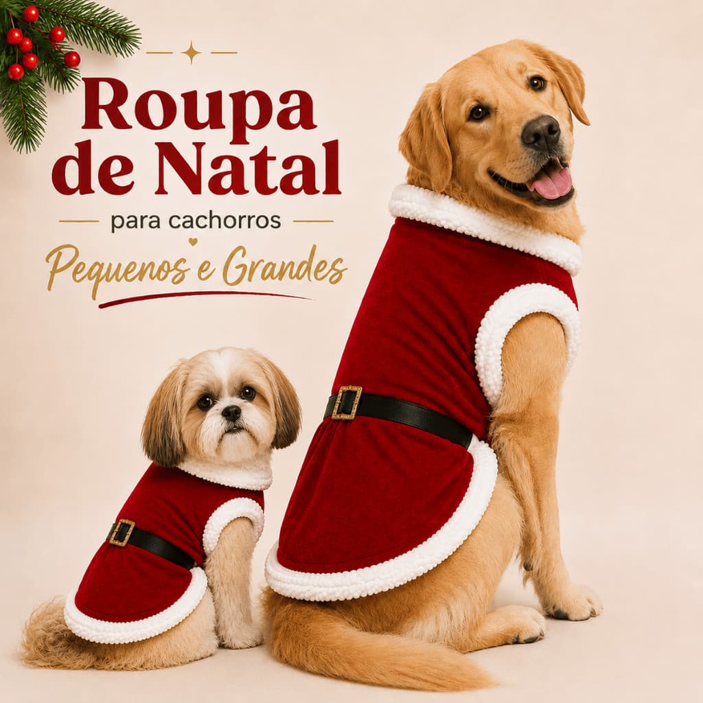 Roupa Natalina Cachorro Macho Papai Noel Caes Pet com Cinto e Peluciado Porte Pequeno Grande