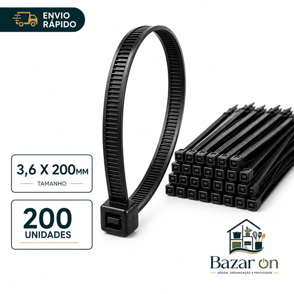 Kit 200 Enforca Gato Abraçadeira Nylon 3,6x200mm Preta Presilha Plástica Organizador De Fios Cinta
