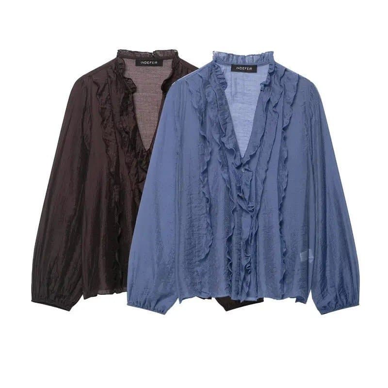 Blusa Feminina Willshela com Babados e Pregas, Decote em V, Manga Longa, Estilo Vintage, Elegante e Moderna