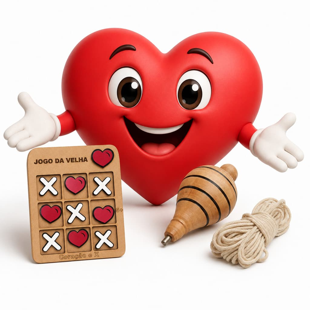Jogo Da Velha Coração Amor E Pião Em Madeira Dupla Alegria