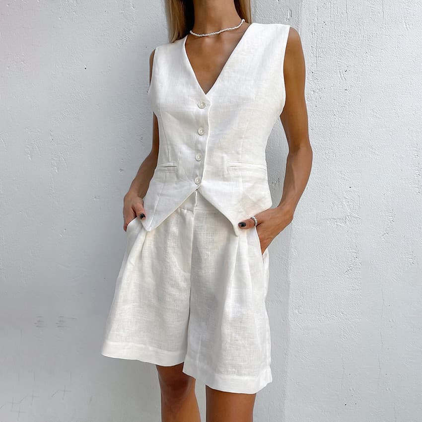 2025 Design Sense Algodão Linho Terno Colete Terno Feminino Casual Sem Mangas Colete Shorts Terno de Duas Peças