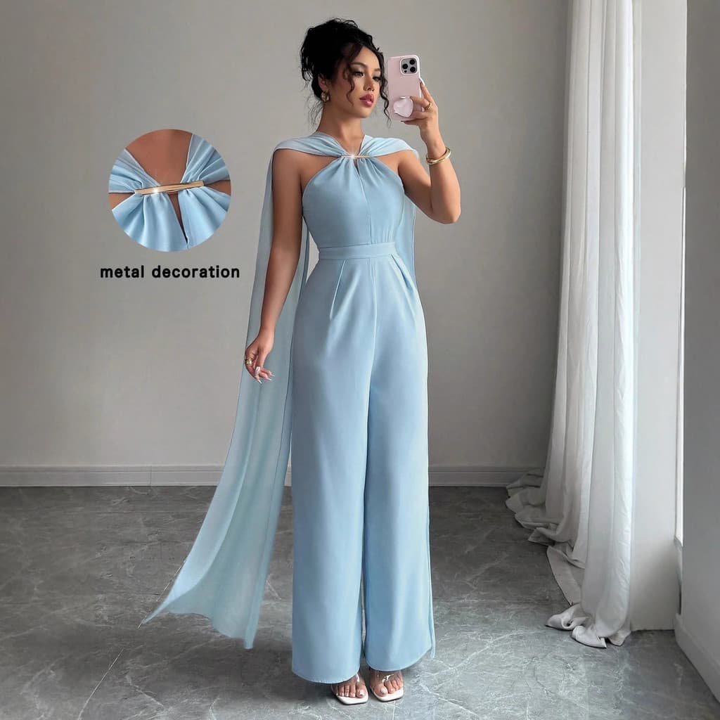 Pronto estoque Transporte rápido feminino primavera verão elegante temperamento azul sem mangas Halter manto Slim-fit ma