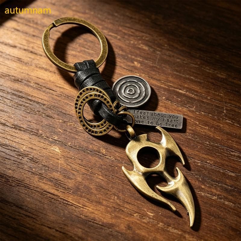 Autumnam Retro Tecelagem Chamas Chaveiro Com Pulseira De Couro E Charme De Metal Split Para Chaves De Casa Do Carro Back