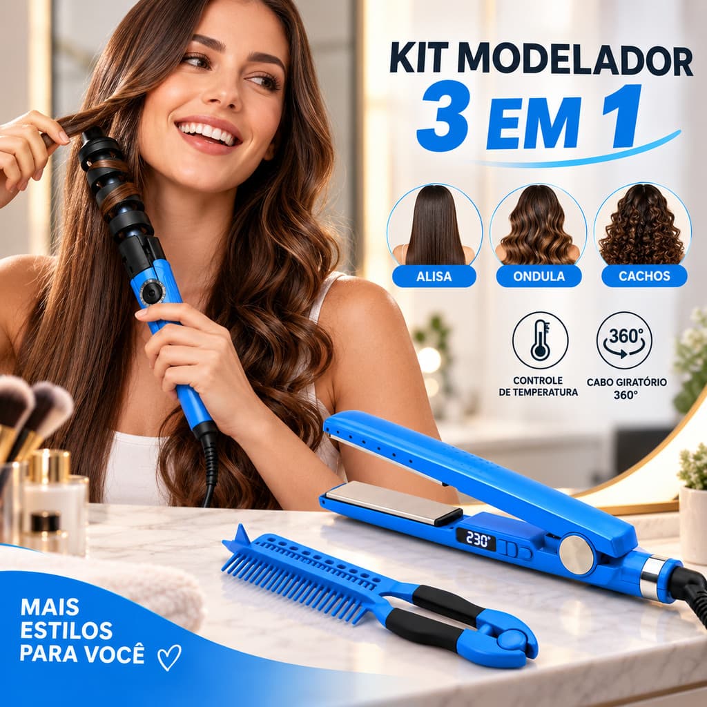 Kit Modelador de Cabelo / 3 em 1 / Chapinha / Cachos / Pente Modelador / Digital