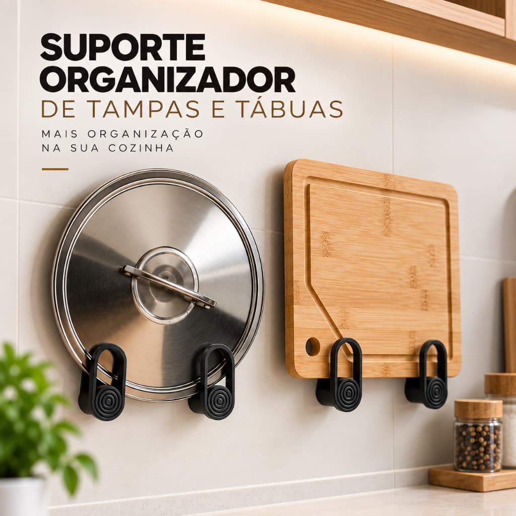 Kit Suporte Organizador Tampa Panela e Tábua de Corte Adesivo Parede Sem Furar Cozinha Prático Multiuso