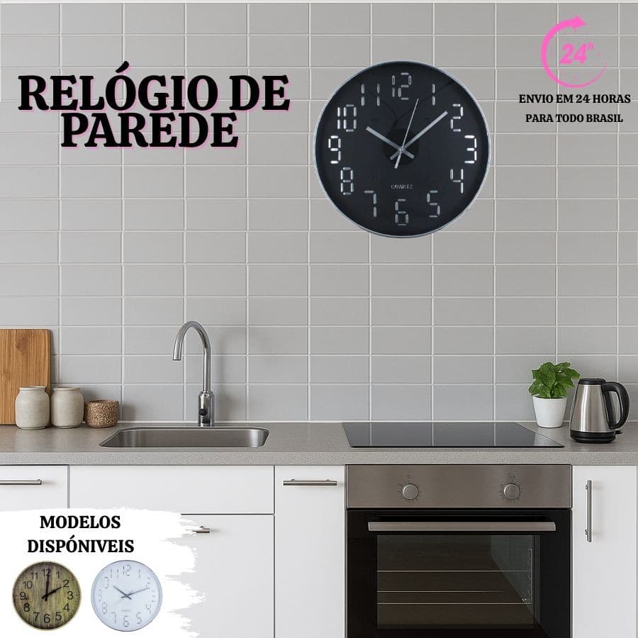 Relógio de Parede 30cm Para Cozinha, Sala - Cor Tipo Madeira Relógio Quartz Preto/Branco