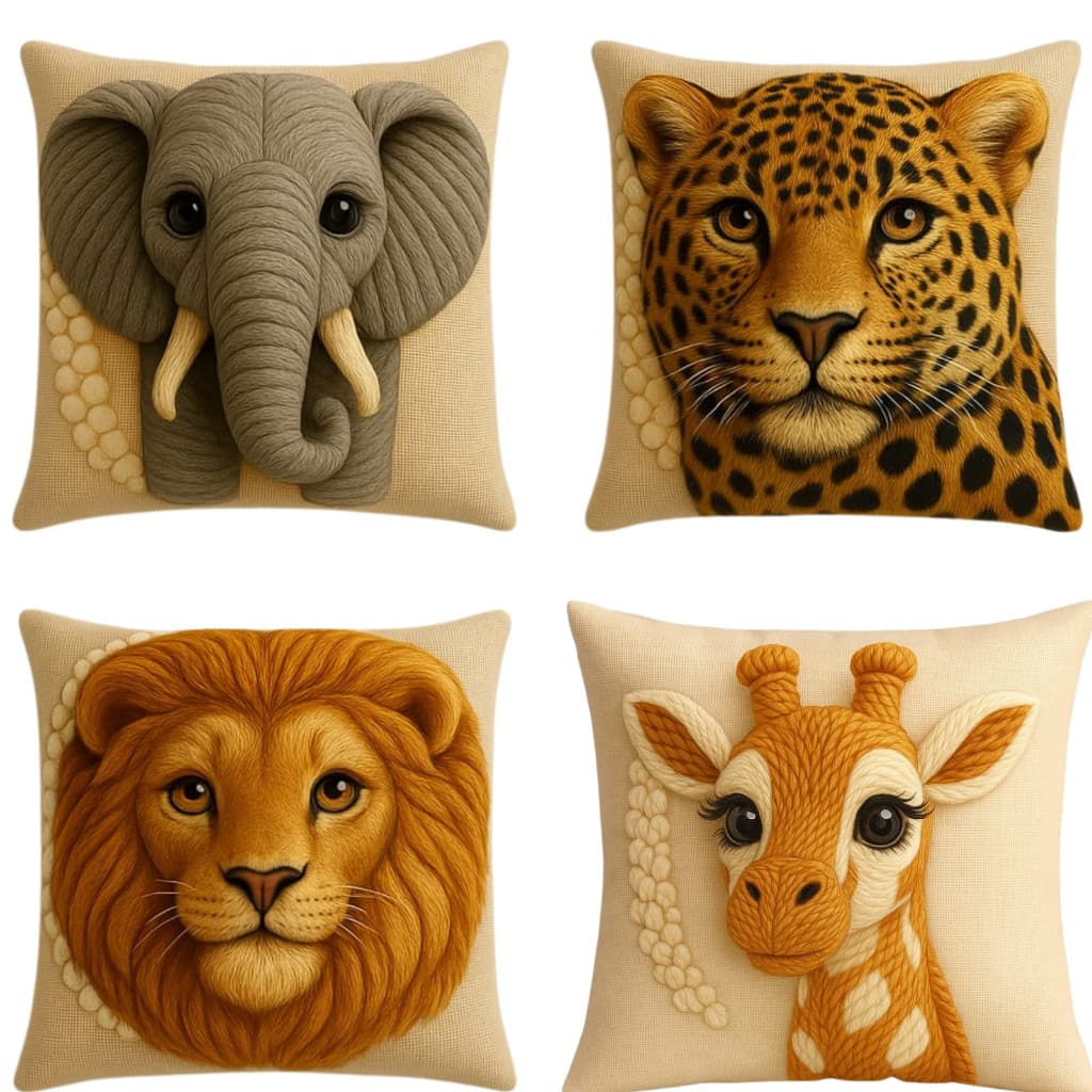 Kit 4 Capas de Almofada Safari Infantil 45x45cm Animais 3D Decorativos Zoo Sala Quarto
