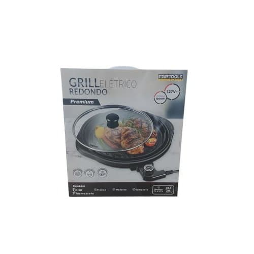 Grill Eletrico Redondo Premium Controle Temperatura Compacto Alto Desempenho 127v Preto