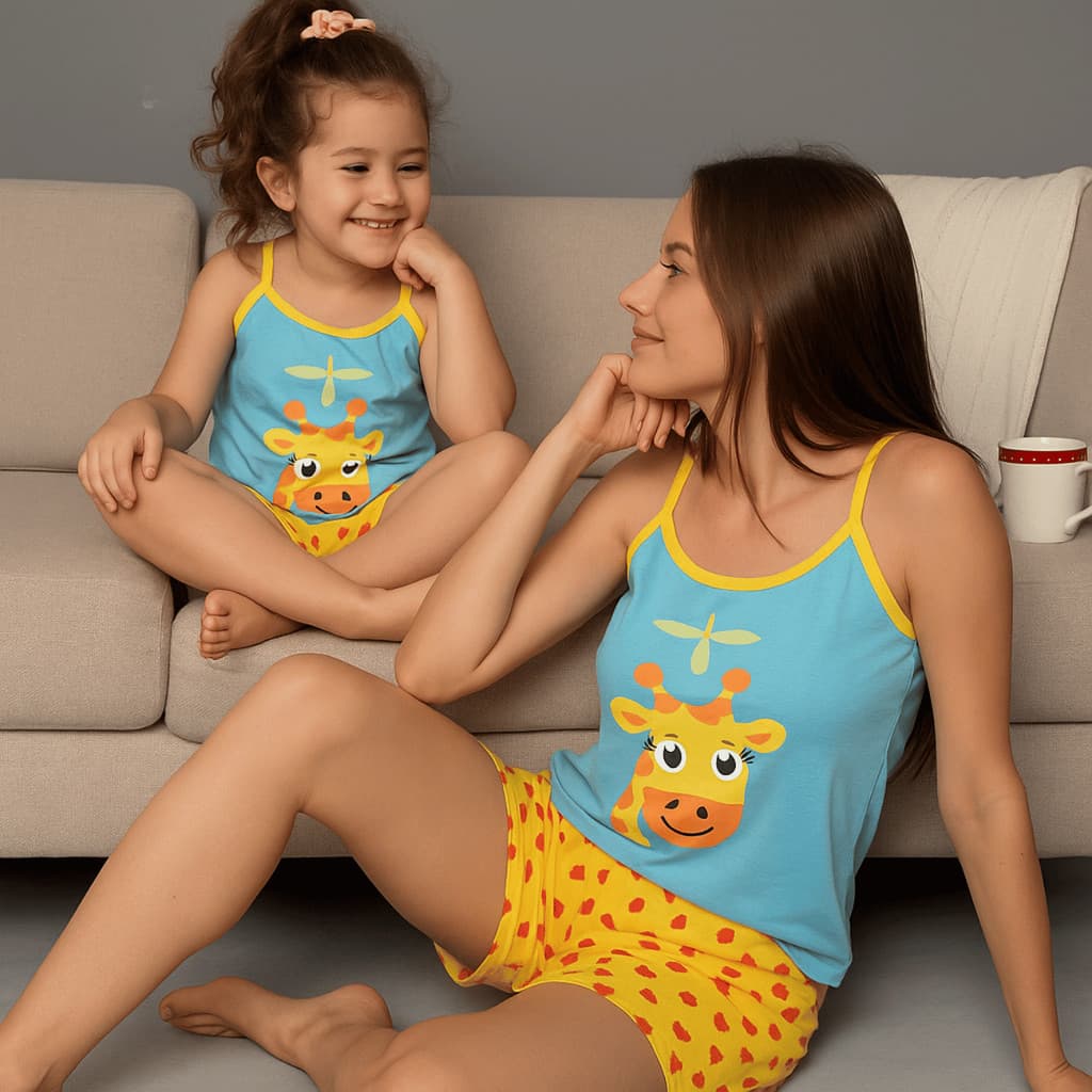 Kit 2 Baby Doll Mãe e Filha Pijama Curto Estampas Combinando Girafa