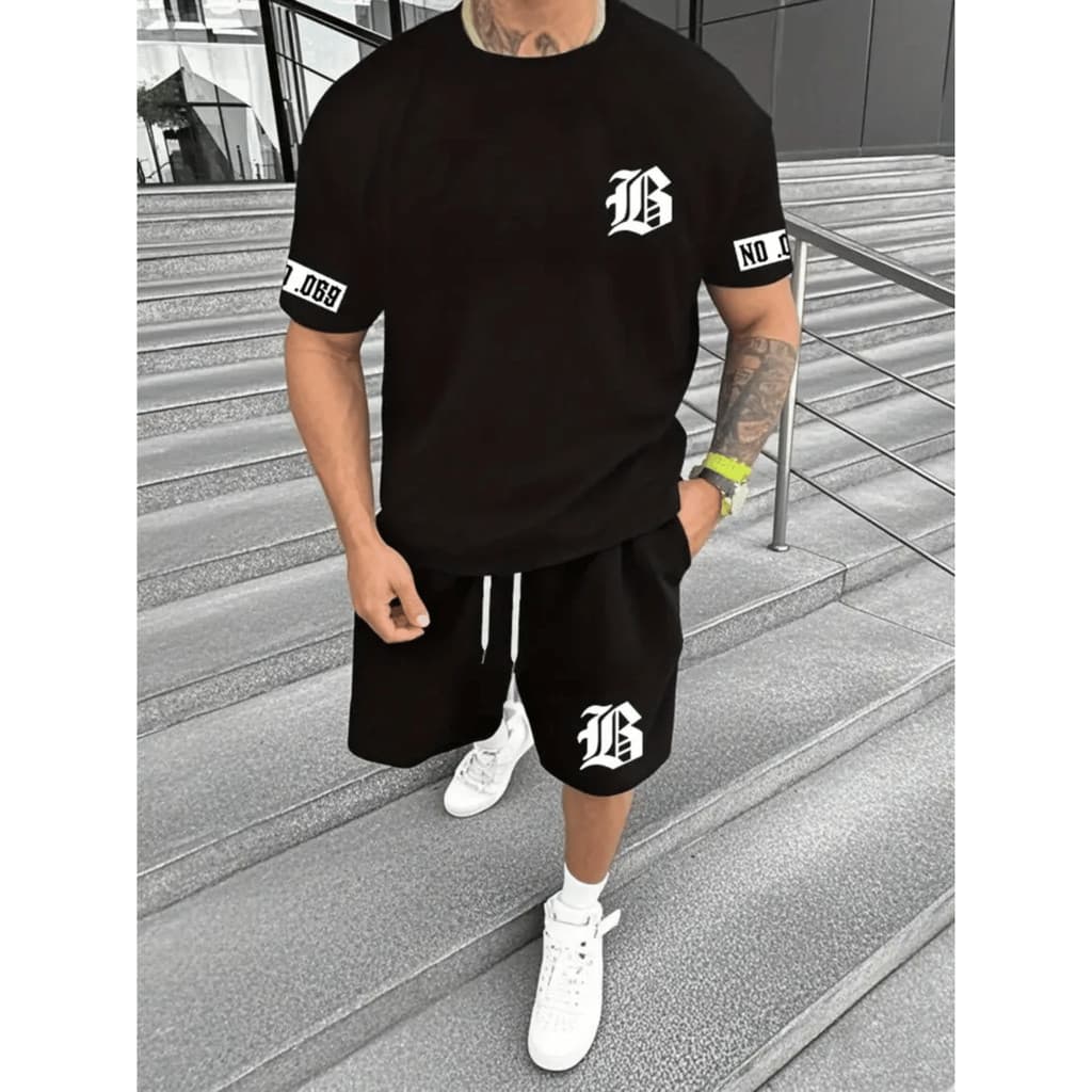 Conjunto Streetwear Estampa B Negrito Camiseta Camisa Variada 100% Algodão & Short Preto Tactel