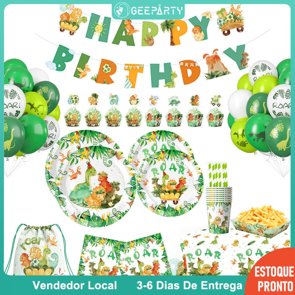 GeeParty Conjunto de Louça Descartável Dinossauro Verde para Festa Infantil Jurássico