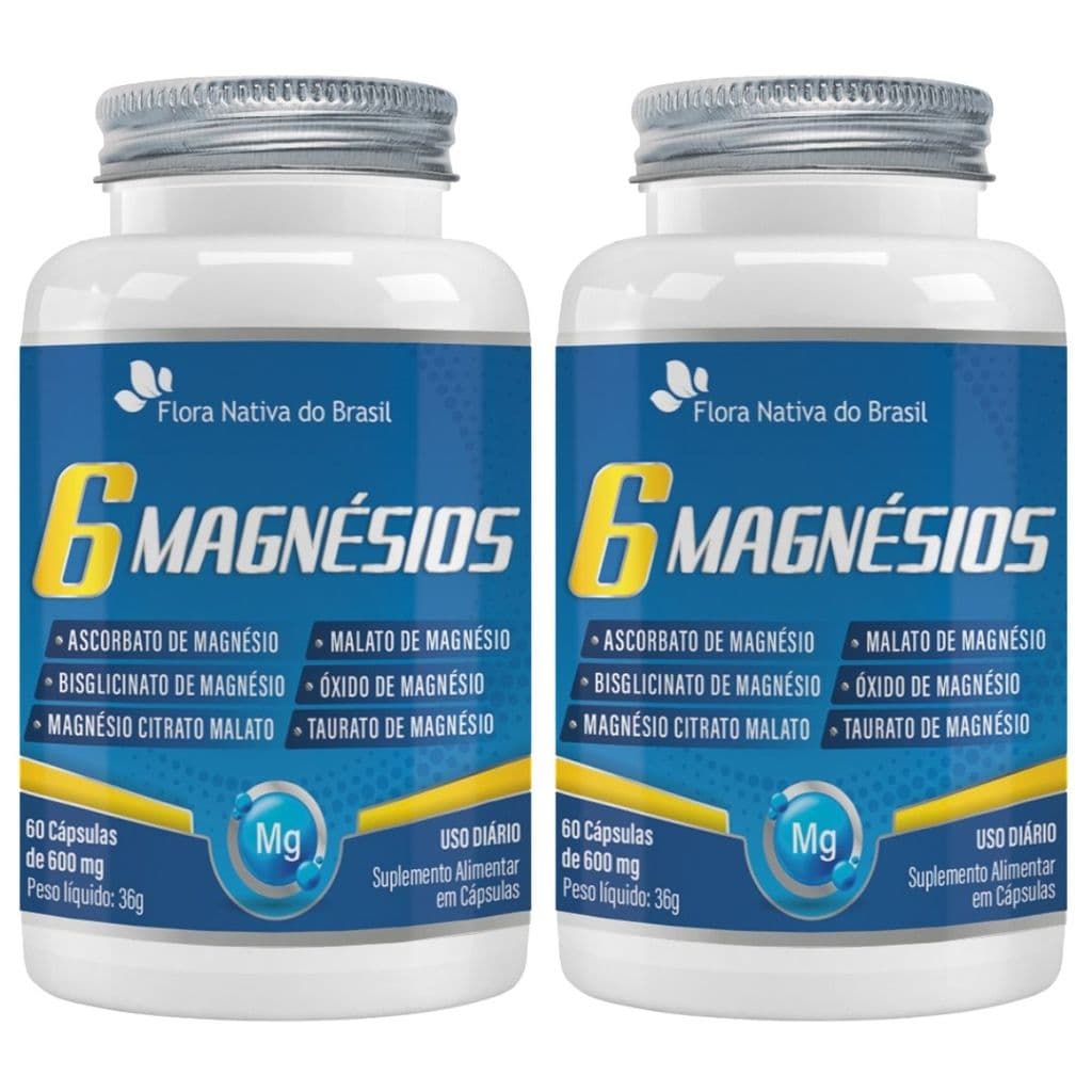 Kit 2X 6 Magnésios (Taurato, Malato, Citrato, Ascorbato, Quelato e Óxido) 60 cápsulas - Flora Nativa