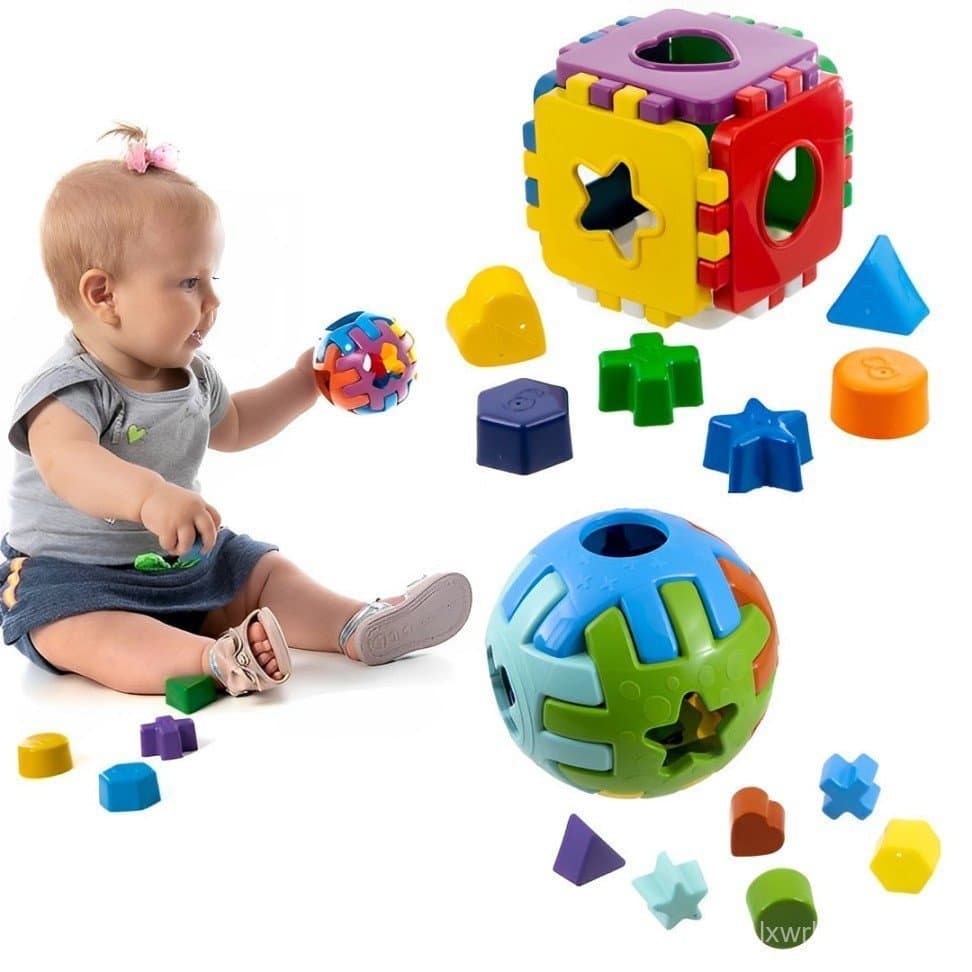 Kit Com 2 Brinquedos Coloridos Didático Cubo 10x10 Mais Bola Didatico 10 cm Menino Menina +12 Meses
