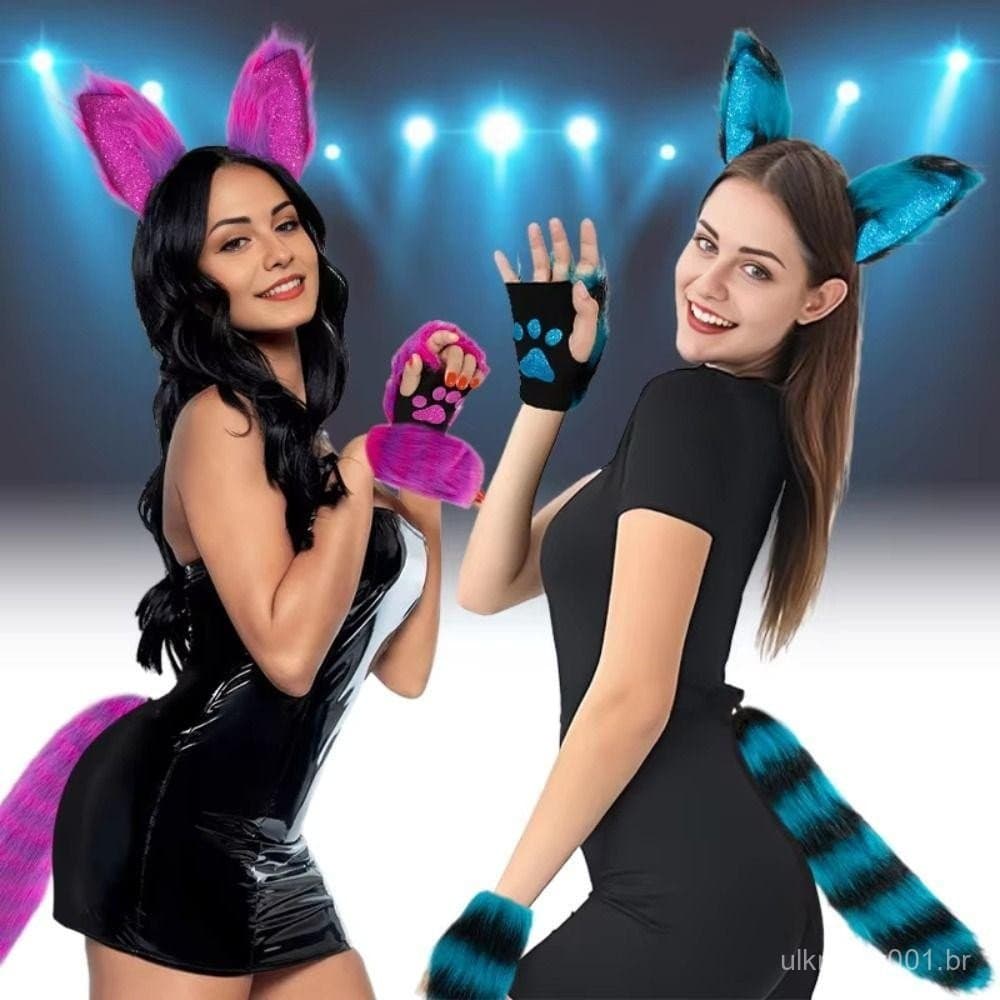 LANFYJJ Cosplay Headwear , Jk Pelúcia Orelhas De Gato Bandana Conjunto , Cauda Traje Mulher Halloween Vestir-Se