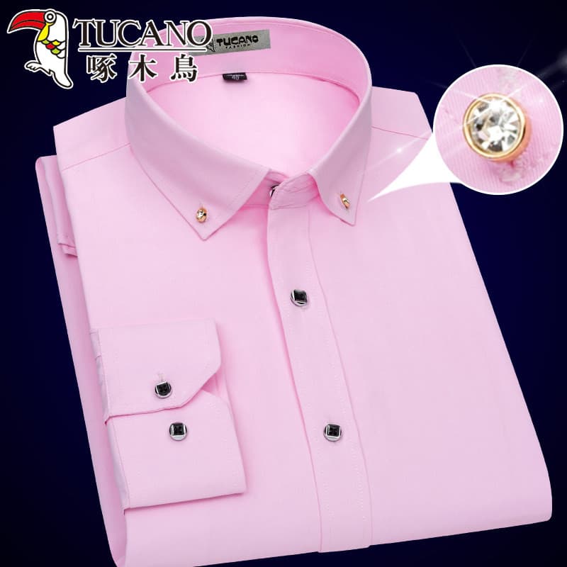Camisa masculina de manga comprida de alta qualidade Woodpecker branca antirrugas Slim Fit trabalho profissional