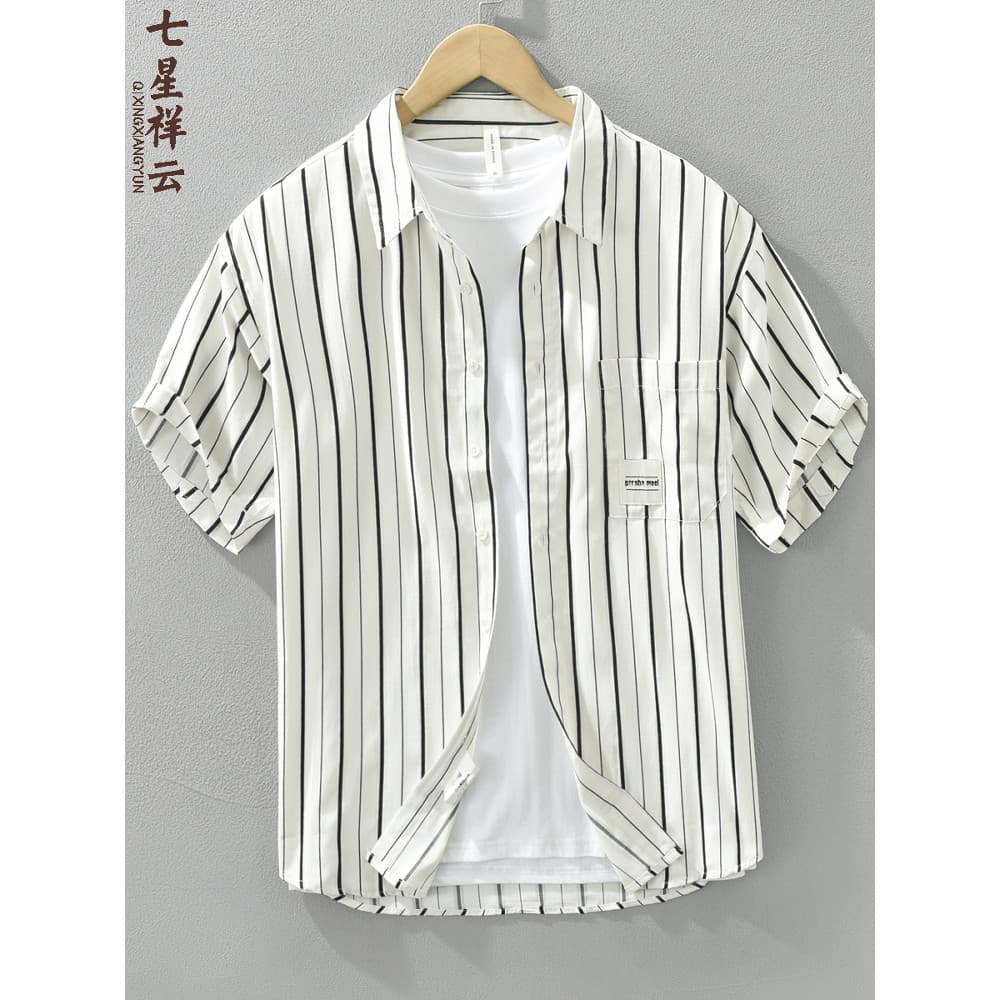 Camisa listrada de manga curta masculina High-End Design bolso verão estilo fino 2026 novo estilo estilo japonês rufião