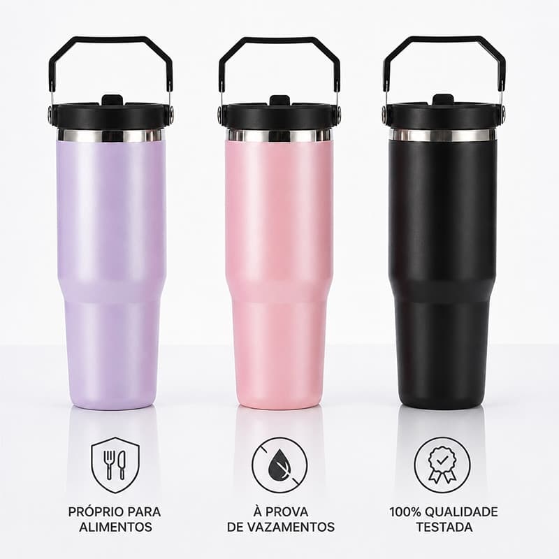 900ML Garrafa térmica de aço inoxidável, com tampa e alça e palhinha metálica,
