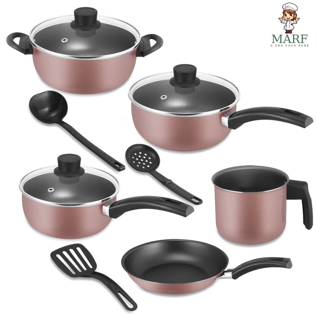 Conjunto de Panelas MARF 8 Peças Antiaderente com Tampas de Vidro – Kit Completo para Cozinha com Utensílios