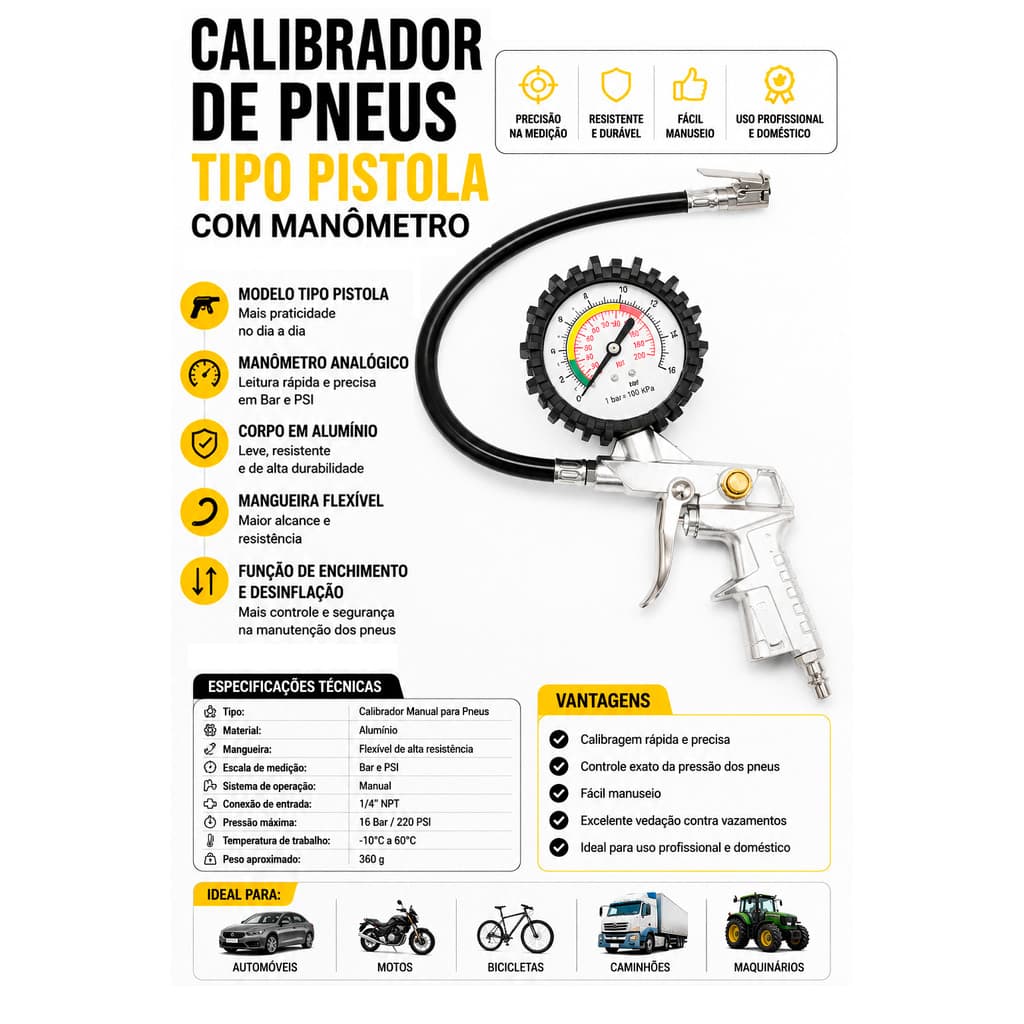 Calibrador de Pneus Manual Tipo Pistola com Manômetro Analógico Alumínio Bar PSI Profissional