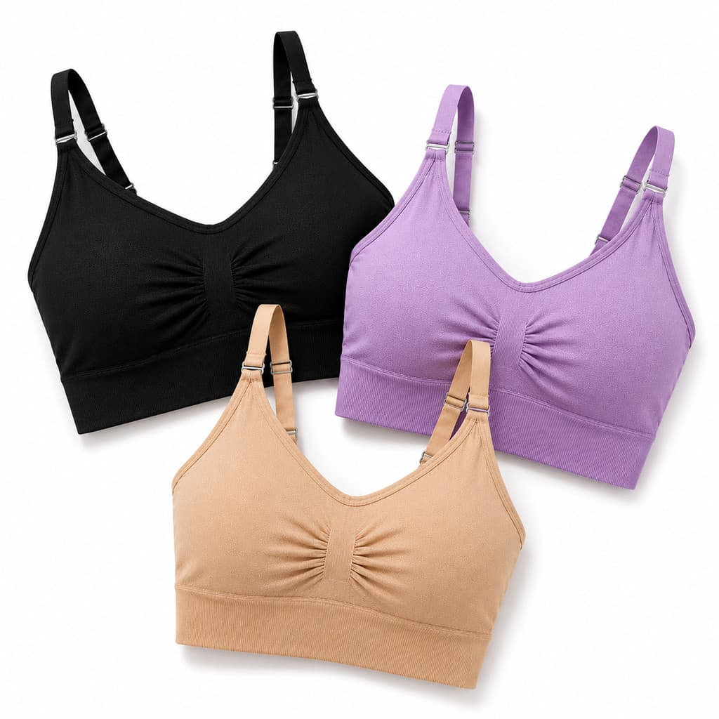 Kit com 3 Tops Sutiã Feminino Sem Costura Alça Fina Canelado com Bojo Removível
