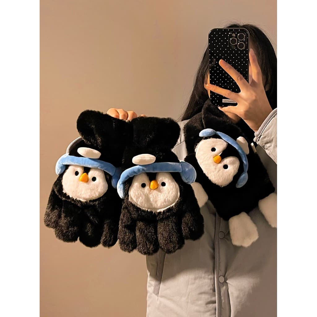 Bonito pinguim de pelúcia luvas de dedo dividido feminino inverno forro de lã engrossado quente à prova de frio peludo C