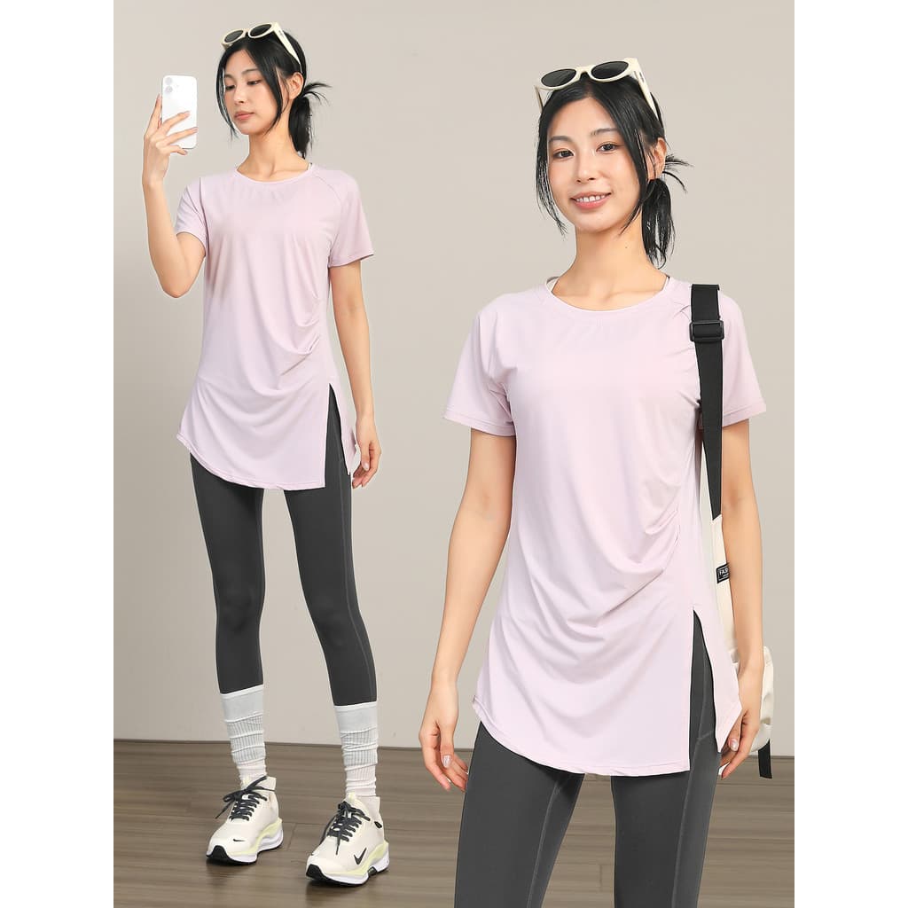 Top esportivo feminino capa solta carne de secagem rápida manga curta correndo Fitness wear terno fenda longa Yoga wear