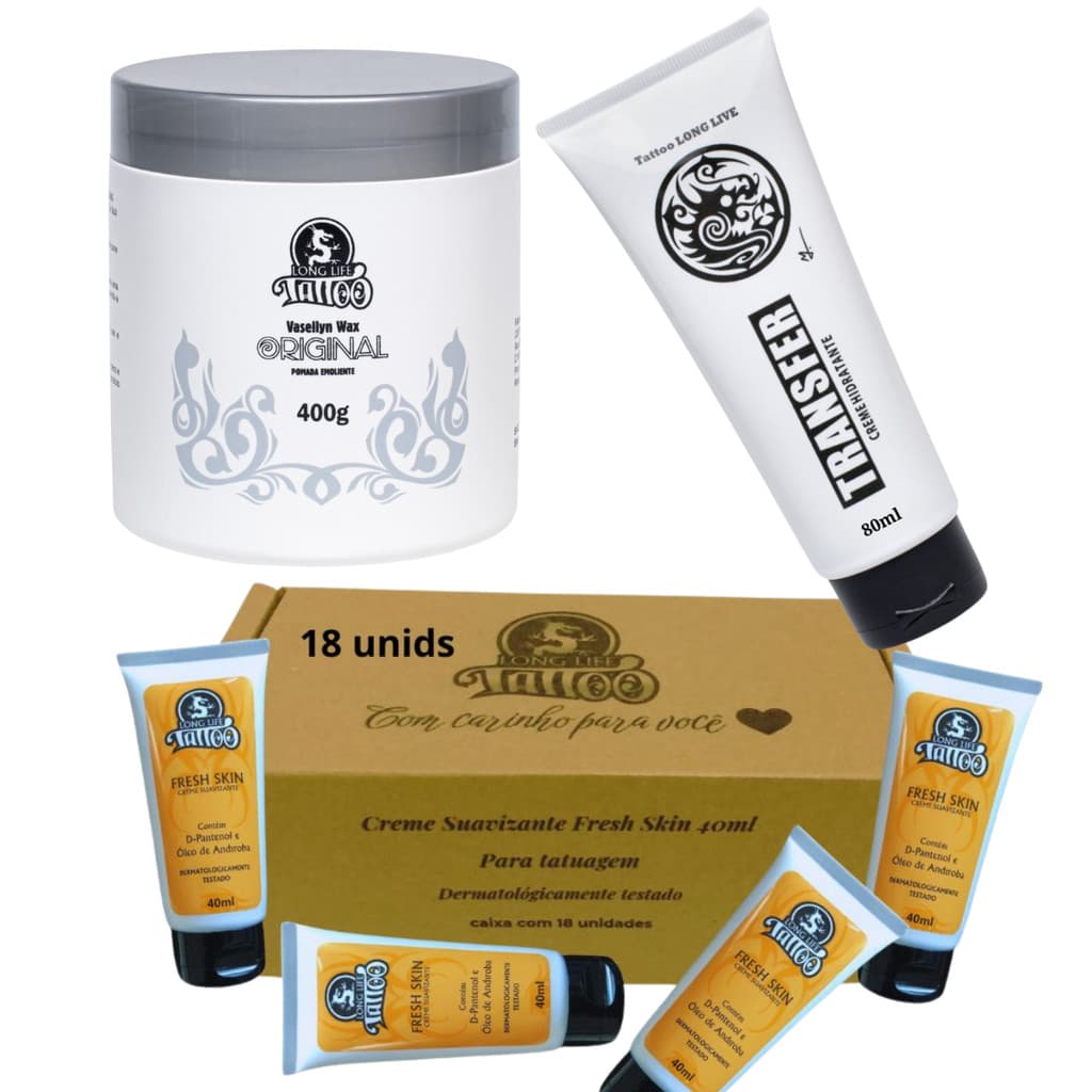 Kit Transfer Creme 80ml + Vaselina Original 400g + Caixa 18 Und Creme Fresh Skin Tattoo Long Life