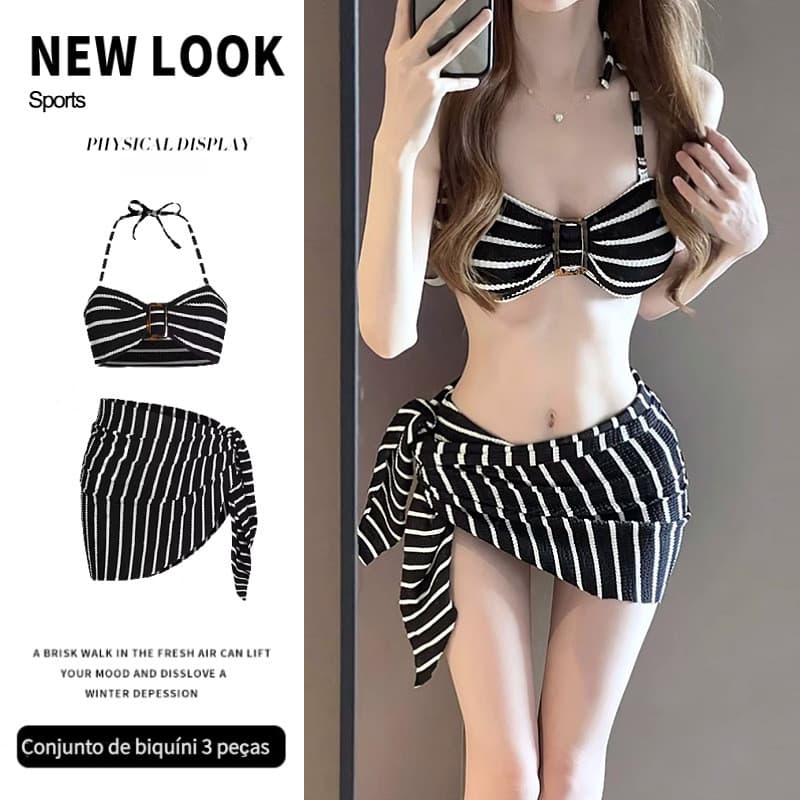 Novo conjunto de biquíni de praia de duas peças com decote halter e efeito push-up/roupa de banho listrada para termas à