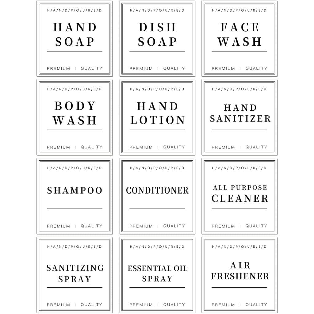 12 Etiquetas Impermeáveis para Frascos de Vidro/Plástico - Adesivos para Dispensadores de Sabonete Líquido em Banheiro/C