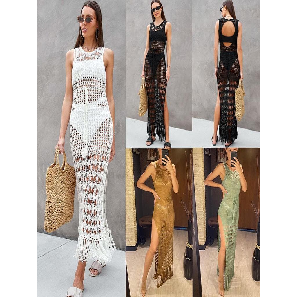 2026 novo estilo oco malha franjas vestido Casual blusa de praia férias maiô blusa exterior saia longa feminina
