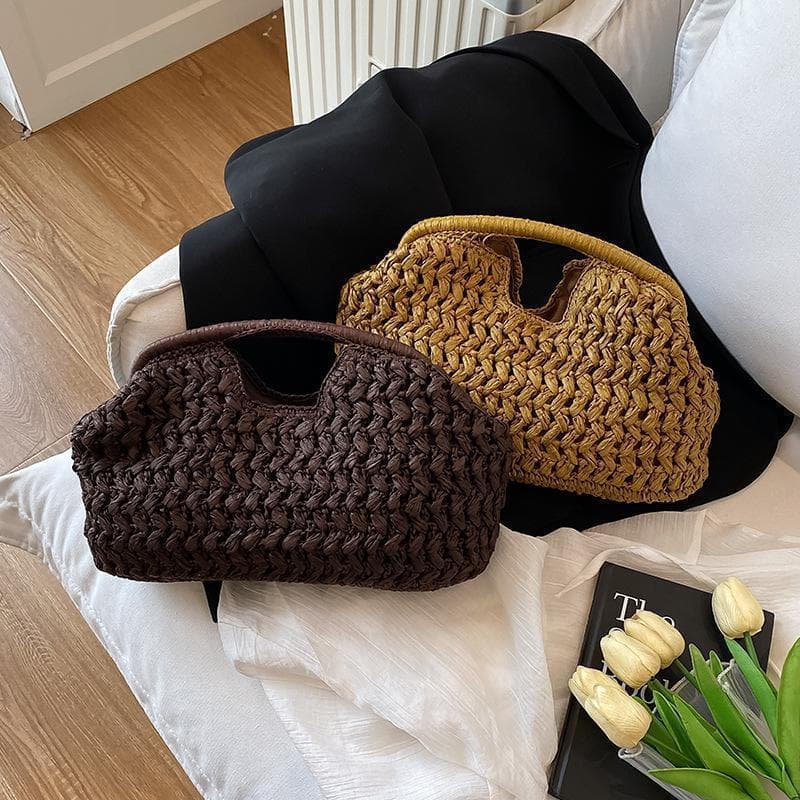 Bolsa feminina elegante e moderna de tecido decorativo, bolsa de praia de palha para usar sob o braço, bolsa de ombro mu