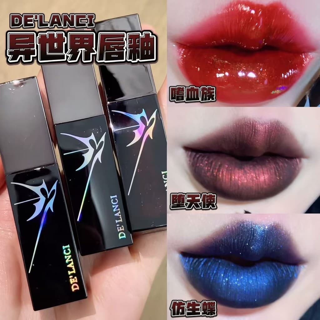DELANCI Outro Mundo Lip Glaze Renderização de Cores Plump Gótico Lip Glaze Batom Lábio Azul
