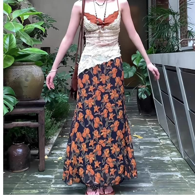 Francês Retro Floral High-End mais magro olhar saia longa puro desejo bonito redução de idade All-Match preguiçoso estil