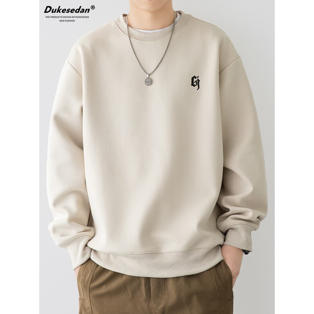 Americano bordado cor sólida moletom masculino em torno do pescoço solto meninos topo Casual manga comprida pulôver cami