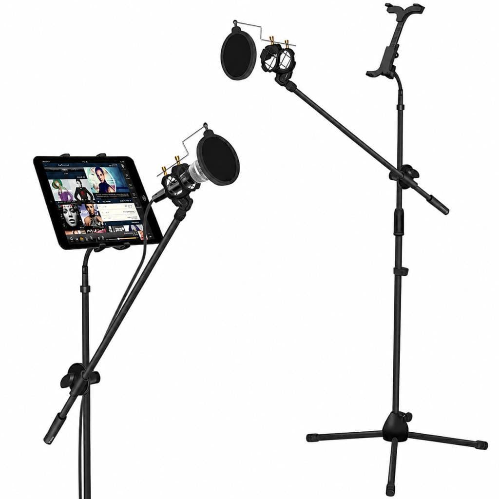 Kit Pedestal Girafa p/ Microfone c/ Suporte Clamp Tablet, Pop Filter e Shock Mount