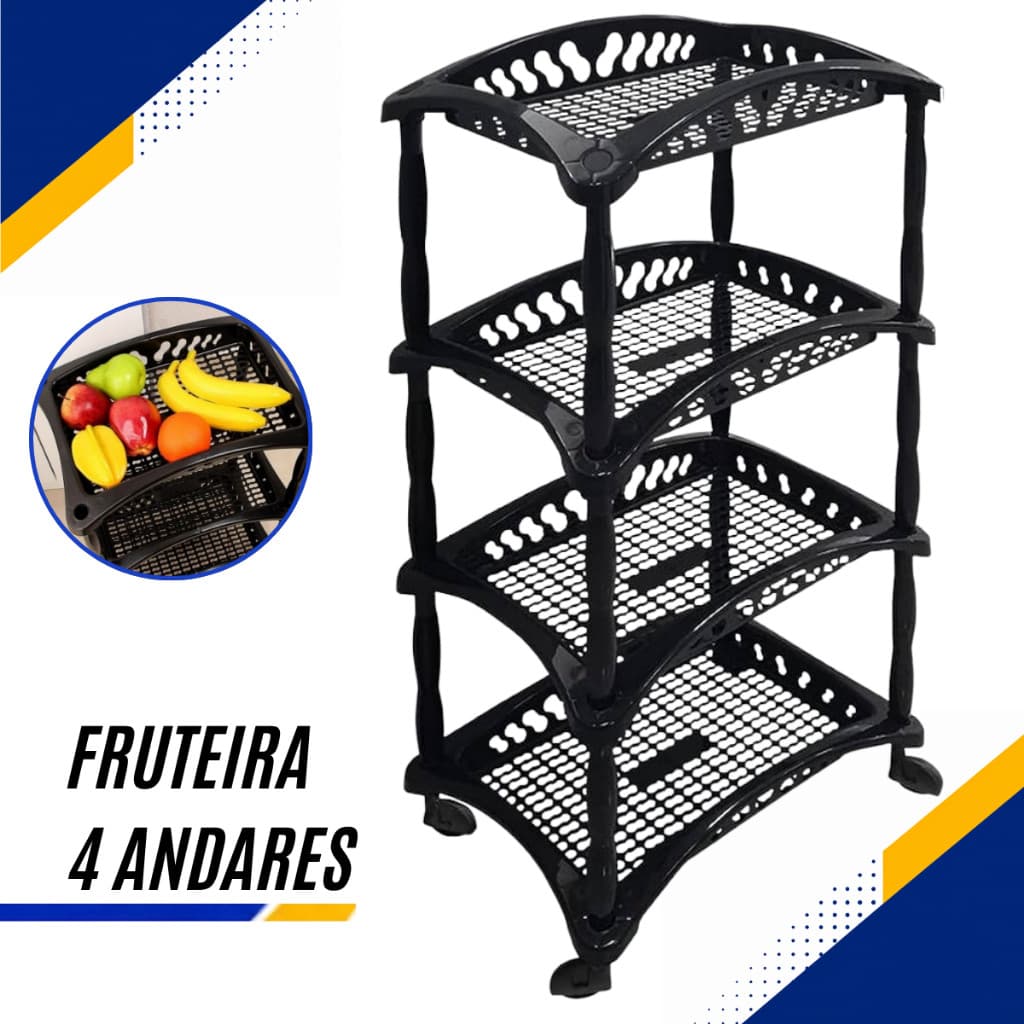 Cesto Fruteira Plástica Desmontável Preta 4 Andares Cozinha Sala Frutas Organizador Vertical Preto